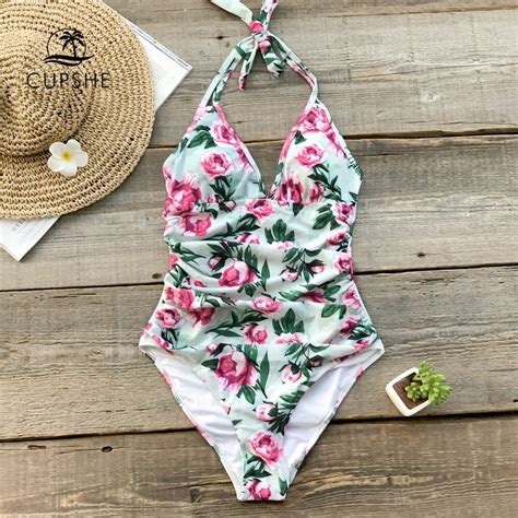 Cupshe Floral Print Ruched Halter One Piece Swimsuit Women Sexy Monokini Swimwear 2019 Girl