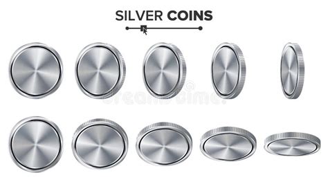 Empty 3d Silver Coins Vector Blank Set Realistic Template Flip
