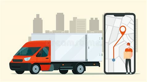 Delivery Service App On Smartphone Cargo Van And Delivery Worker
