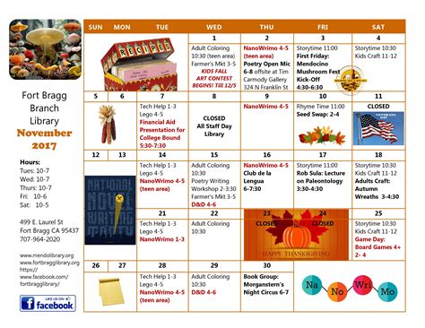 November Calendar Of Events Fort Bragg Library