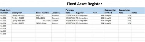 Fixed Asset Register Template Excel Free Printable Te