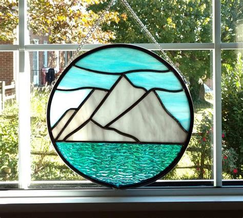 Stained Glass Mountain Landscape Round Stained Glass Window Etsy