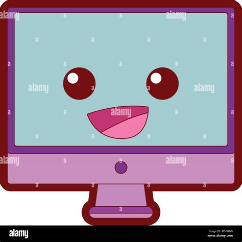 Line Color Happy Computer Screen Kawaii Cartoon Vector Illustration