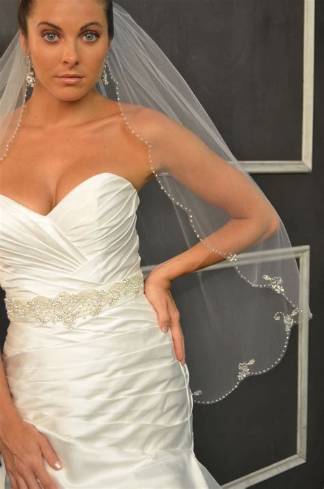 New Elena Designs Wedding Veil Style E1151s Fingertip Beaded Veil