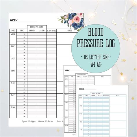 Blood Pressure Log Bp Diary Printable Tracker Instant Etsy