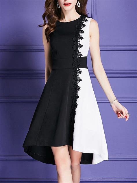 Stylewe Black White Crew Neck Party Dress Sleeveless Elegant Asymmetric Dress Black And White