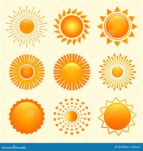 Set Of Nine Sun Shapes Icons In Different Styles Stock Vector