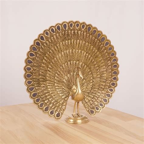 Peacock Decor Plate Sculpture Figurine Vintage Solid Brass