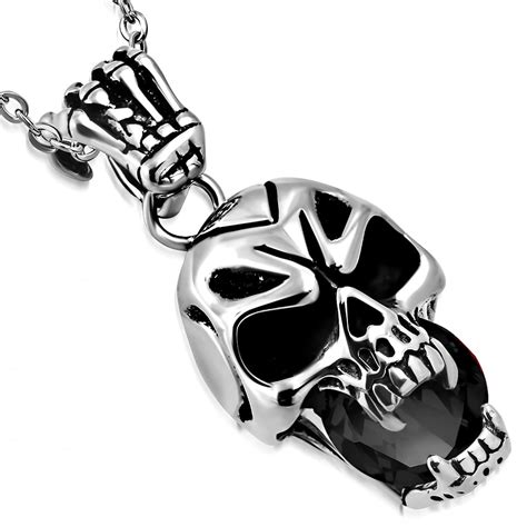 Stainless Steel Silver Tone Black Cz Skull Mens Pendant Necklace 215