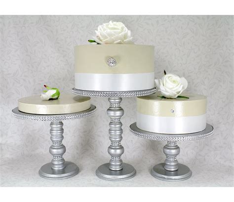 3 Silver Cake Stands Set Round Wooden And Rhinestone Party