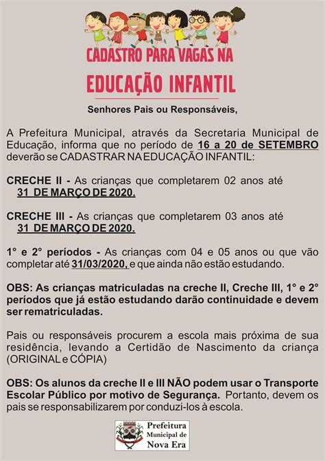 Prefeitura Municipal De Nova Era Cadastro Na EducaÇÃo Infantil