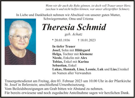 Traueranzeigen Von Theresia Schmid Mittelbayerische Trauer