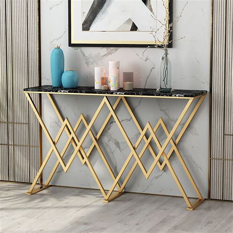 Modern Black Narrow Console Table With Marble Top And Goal Metal Frame