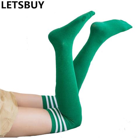 Stripes Red Green Colored Girls Sexy Stockings Over The Knee Thigh High