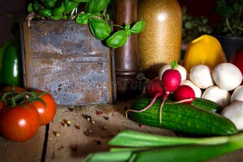 A Lots Of Healthy Vegetables On A Wooden Table Stock Image Image Of