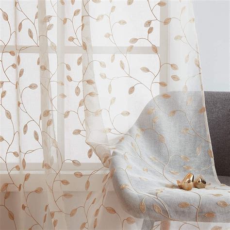 Embroidered Leaf Sheer Curtains 84 Inch For Living Room Natural Linen