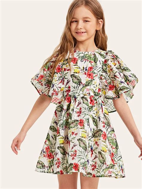 Girls Flutter Sleeve Tropical Babydoll Dress Shein Usa Kids Frocks