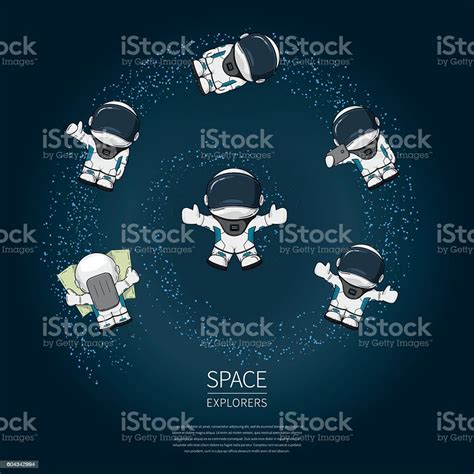 Set Of Hand Drawn Cartoon Astronaut In Space Suit Line Stock