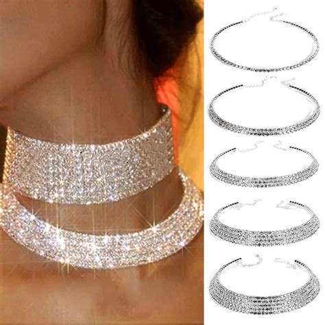 Silver Rhinestone Crystal Choker Necklace Bridal Wedding Necklace Women Engagement Jewelry