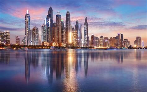 Dubai Panorama Skyline At Dramatic Sunset In Marina United Arab