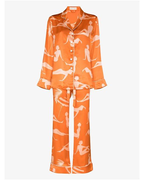 Olivia Von Halle Lila Chiro Silk Satin Pyjamas In Orange Lyst