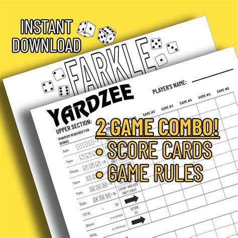 Printable Yardzee And Farkle Combo Score Card Instructions 2 Games