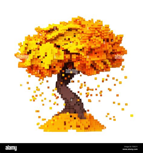 Digital Pixelated Falling Leaves From An Autumn Tree Isolated On White