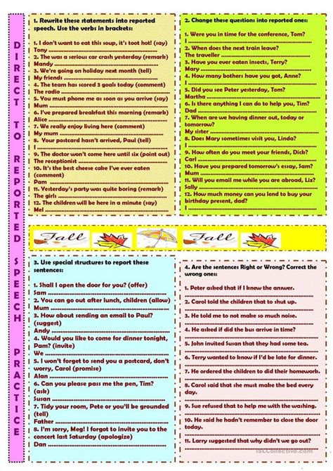 Direct To Reported Speech English Esl Worksheets English Grammar