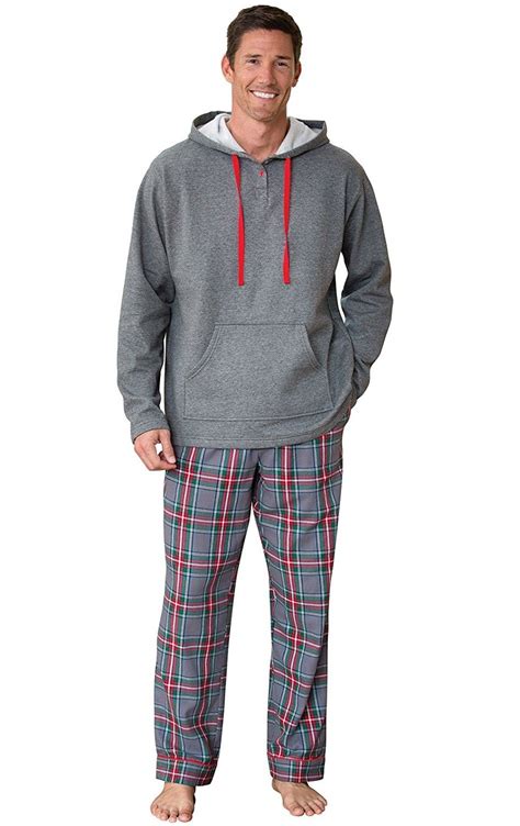 Hooded Fleece And Flannel Plaid Pajamas For Men Gray Gray