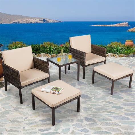 Costway 5pcs Rattan Patio Furniture Set Chairs Ottoman Cushioned Garden