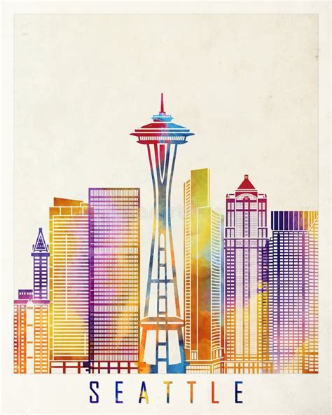 Seattle Skyline Landmarks Watercolor Poster Stock Illustration
