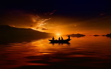 Download 1920x1200 Wallpaper Sunset Boat Lake Mountains Silhouette