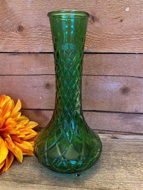 Vintage Green Hoosier Glass Vase Quilted Diamond Etsy