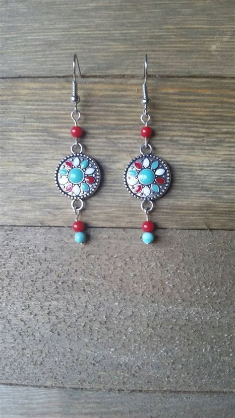 Turquoise And Red Dangle Earrings Country By SimpleCleverCreation