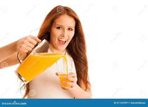 Woman Drinking Orange Juice Smiling Showing Oranges Young Beaut Stock Image Image Of Isolated