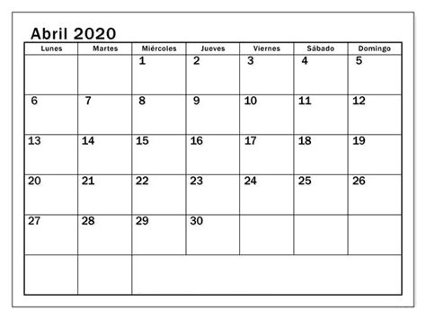 Calendario Abril 2020 Para Imprimir Gratis