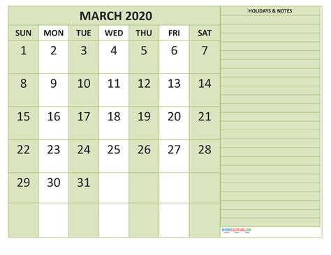 Free Printable Monthly Calendar 2020 March With Holidays