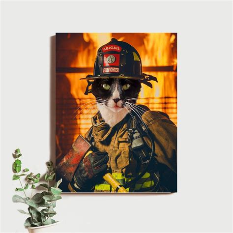 Firefighter Cat Portrait Funny Cat Portrait Cat Firefighter Etsy