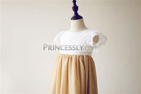 Short Puffy Sleeves Ivory Lace Champagne Chiffon Flower Girl Dress
