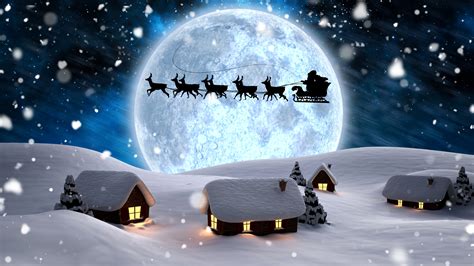 Christmas New Year Santa Deer Moon Night Winter House Snow 4k