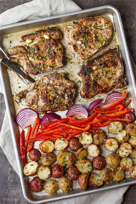 Cover and bake at 350 for about 45 minutes, or until pork is slightly pink in center. Baked Sheet Pan Pork Chops Recipe In Oven with Potatoes ...