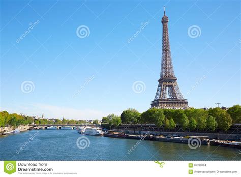 Eiffel Tower And Seine River In A Clear Sunny Day In Paris Stock Photo