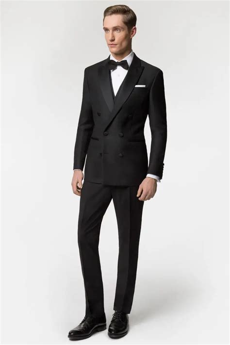 Italian Style Black Double Breasted Groom Tuxedos Slim Fit Mens Wedding