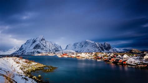 Fondos De Pantalla Noruega Montañas Mar Casa Islas Lofoten Nieve