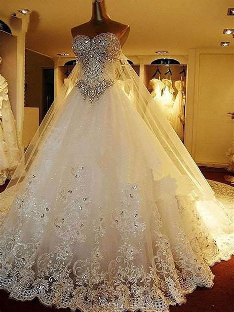 Luxury Crystal Sparkle Wedding Dresses With Detachable Back Train