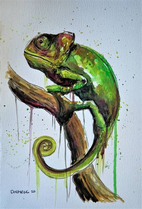 A Painting Of A Chamelon On A Tree Branch