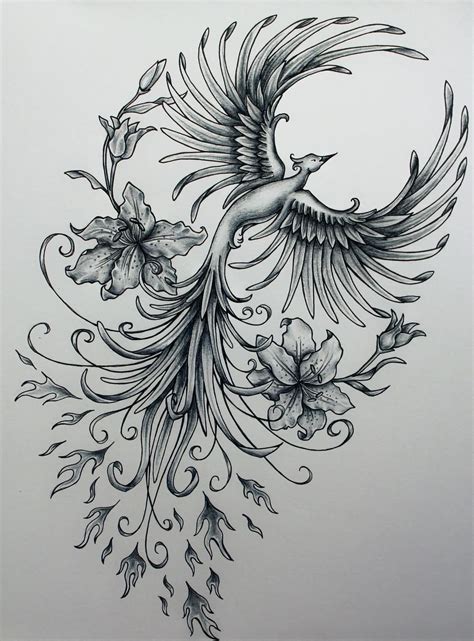 Grey Ink Girly Phoenix With Flowers Tattoo Design Phoenix Bird