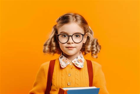 adorable smart girl with glasses holding a book in hand on orange background ai generated