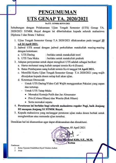 We did not find results for: Pengumuman Ujian Tengah Semester (UTS) Genap Tahun Ajaran 2020/2021 | STMIK ROYAL - Sumatera ...