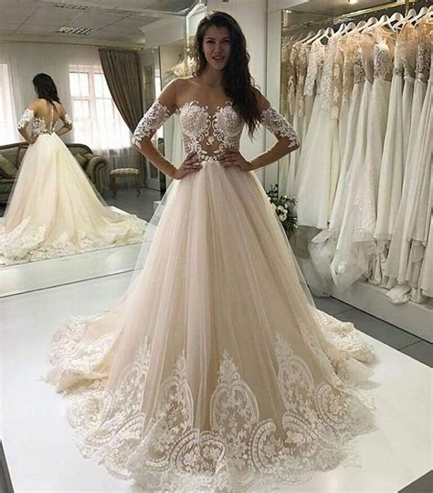 Champagne Wedding Dresses For Bride Lace Appliqué Elegant Long Sleeve